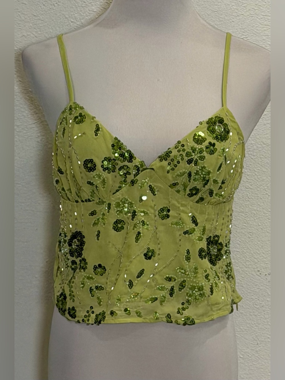 Y2K No Boundaries Green Sequin Beaded Mesh Babydoll Cami Top Medium 8-10 Fairy